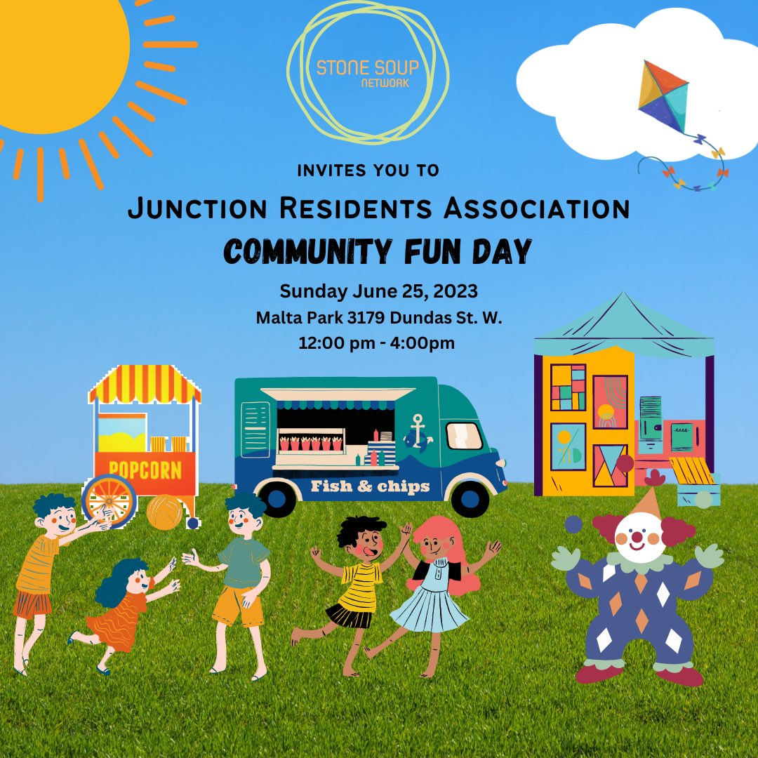 Calling all families and neighbours! ❤️

Join us for an unforgettable Community Fun Day, hosted by the Junction Residents Association.

Date: Sunday, June 25, 2023.
Time: 12:00 pm - 4:00 pm.
Location: Malta Park 3179 Dundas St. W.

#summer #toronto