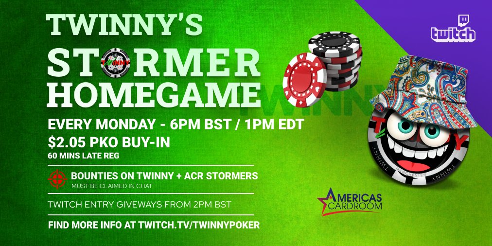 We are Live with our @ACRStormers $2.05 PKO Homegame, 6pm BST/1pm EDT. 
♦️Monthly/Yearly Leaderboards @keep_the_score
♠️Extra Bounties
♥️Free Entries
♣Part of #WSOHG
@ACR_POKER #MysteryBounty #MOSS #TheDream #Good4Poker #WSOHG #ACRGiveaway #Positivity 
twitch.tv/twinnypoker
