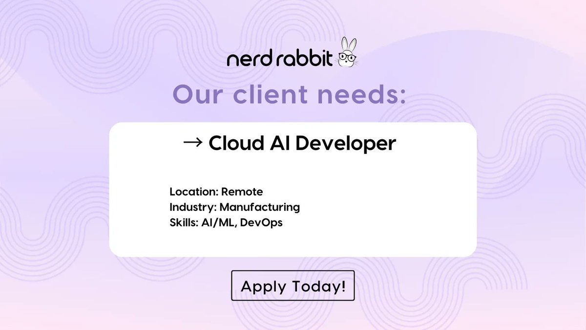 🚨 New job posting🚨 Cloud AI Developer - Apply on Nerdly today through the link in our bio!
.
.
.
#aws #awscloud #awsjobs #appintegration #clouddeveloper #Nerdrabbit #jobopportunity #nowhiring #jobseekers #workfromhome #careeropportunity #jobsearching #tech #freelance #developer