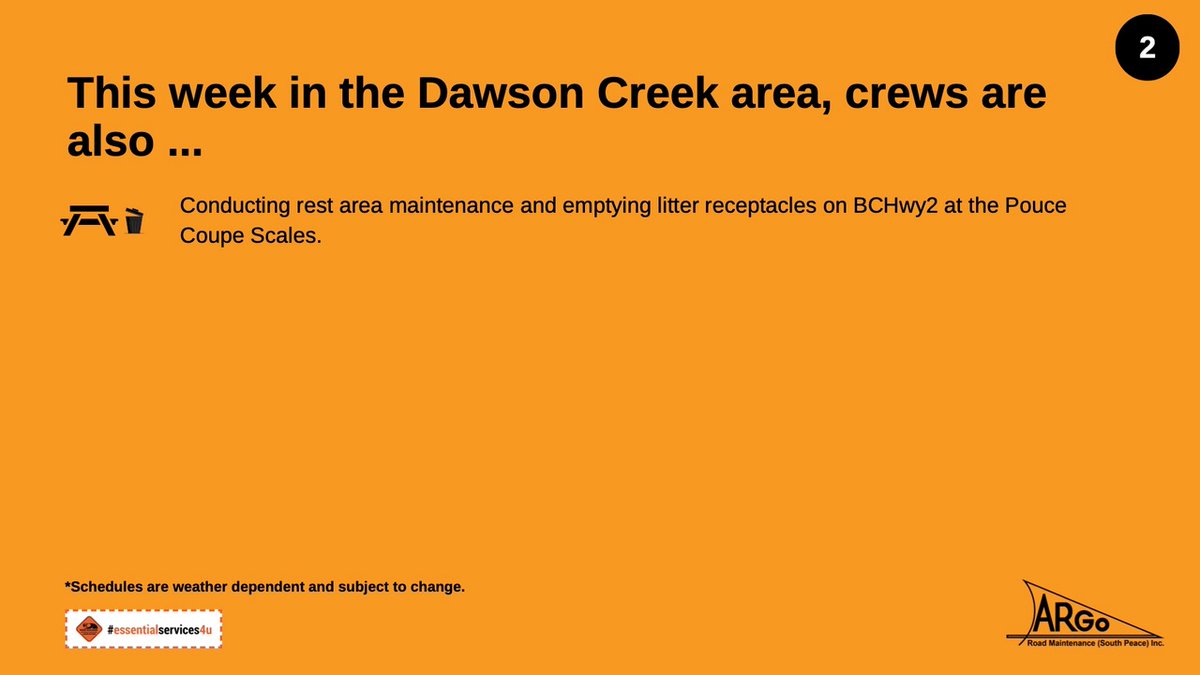 This week in the #DawsonCreek area, crews will also be emptying litter receptacles + conducting rest area maintenance.

Please slow down, give our crews room to work, & obey all traffic control directions + personnel. #ConeZoneBC