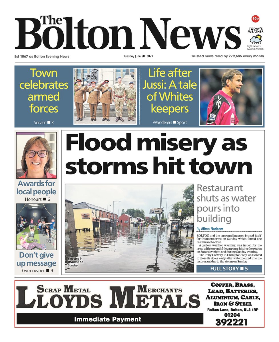 Front page of Tuesday's @TheBoltonNews📰

'Flood misery as storms hit town'

#Bolton #GreaterManchester #BuyAPaper #LocalNewsMatters #Newsquest #BWFC #CourtNews #CrimeNews #BoltonWanderers #BoltonNews #TomorrowsPapersToday