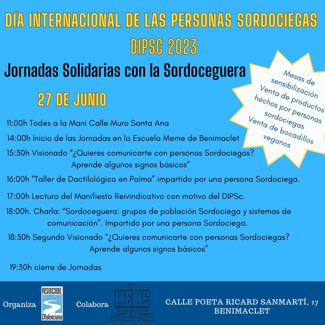 ASOCIDECV's tweet photo. ¿Nos ayudas?
Este año por el día internacional de las personas sordociegas, vamos a realizar una manifestación en Valencia reivindicando nuestros derechos y quejándonos por los recortes sufridos durante el año pasado y parte de este
Te esperamos en Calle muro Santa Ana, Valencia. https://t.co/hjooG4tSyI