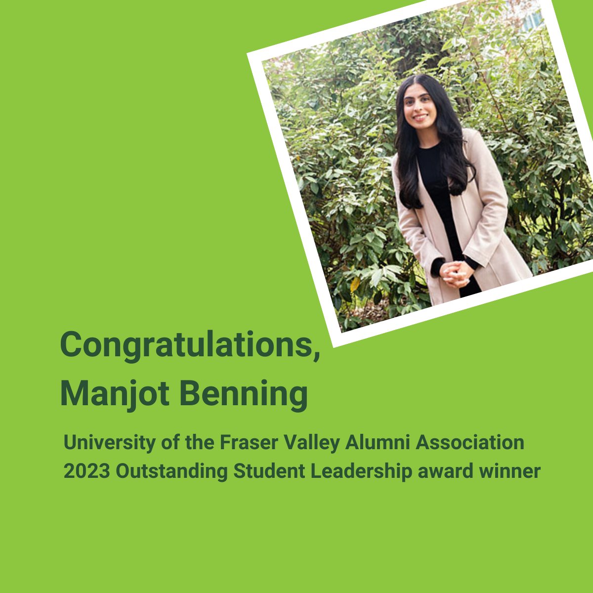 🟩🎉🟩🎉🟩
Congratulations, Manjot Benning, for achieving the first-ever @UFVAlumni Association #StudentLeadership award . . . Read more: blogs.ufv.ca/blog/2023/05/o…

#goUFV #UFVAlumni #FraserValley