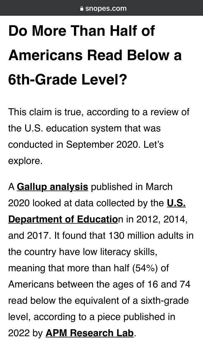 America’s democracy problem is also a literacy problem:    

“More than half (54%) of Americans between the ages of 16 and 74 read below the equivalent of a sixth-grade level, according to a piece published in 2022 by APM Research Lab.” @snopes.

snopes.com/news/2022/08/0…