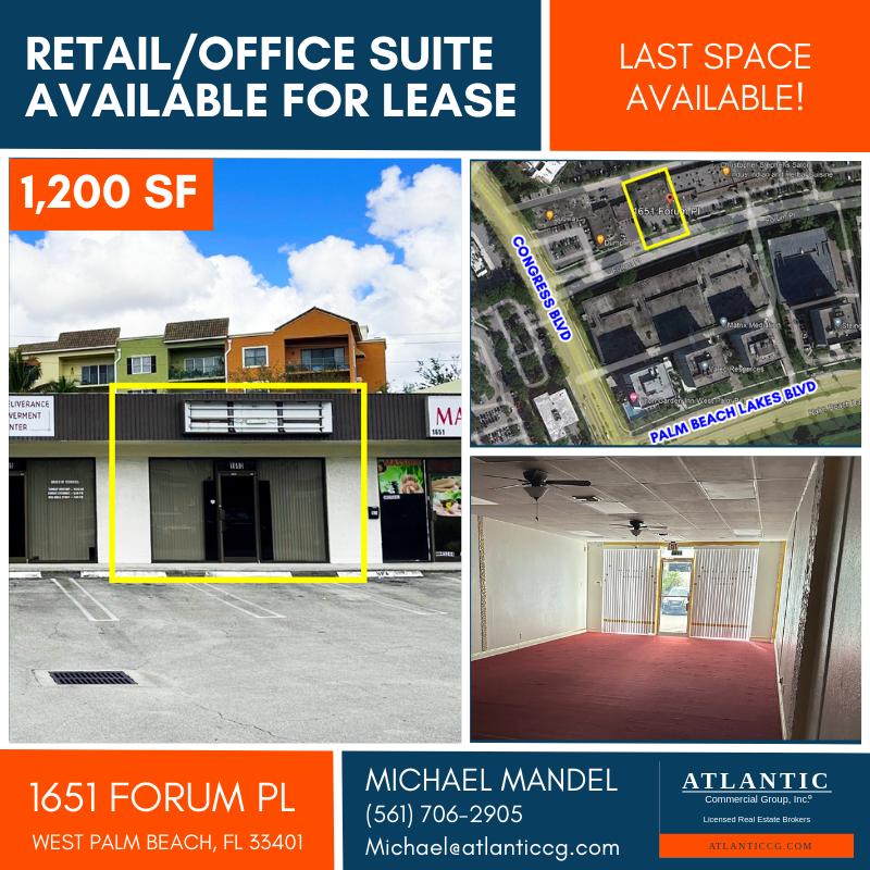 1,200 SF Retail/Office space for Lease! Located near the Palm Beach Outlets on Congress Avenue and Palm Beach Lakes Blvd in West Palm Beach.

For more info, please contact 
Michael Mandel
(561) -706-2905

#retail #retailspaceforlease #officespace #floridarealestate