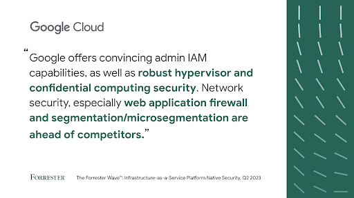 googlecloud's tweet photo. A Leader in The @forrester Wave™ Infrastructure-as-a-Service Platform Native Security, Q2 2023 report, the Forrester report cites Google’s capabilities in IAM, hypervisor security, container security, and network security. 

Read more → https://t.co/Qv8kJNNK7R https://t.co/Z2CxwbKIz9