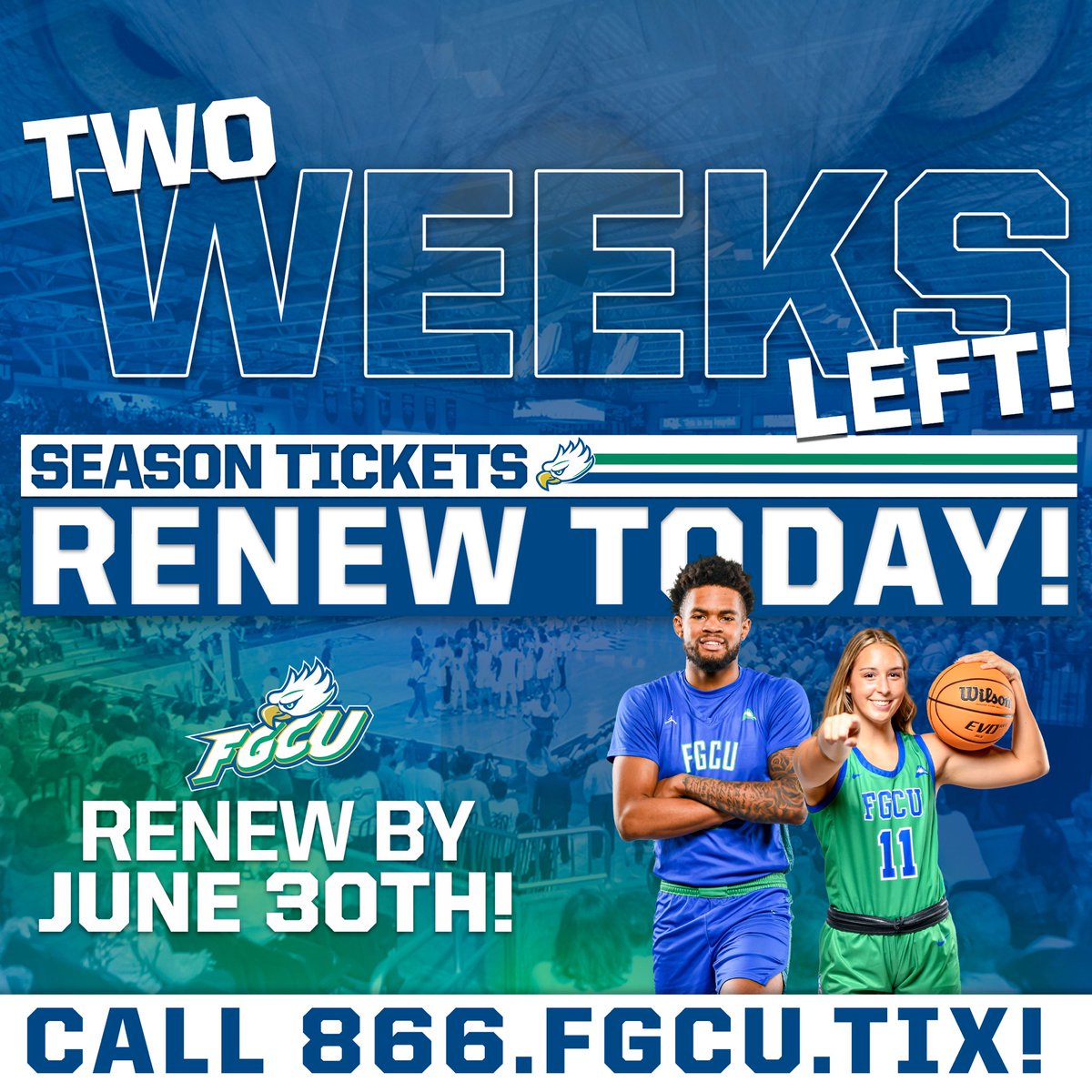 ONLY ✌️ WEEKS to renew your @FGCU_MBB & @FGCU_WBB Season Tickets!!!! Call us TODAY for your chance to win concession vouchers 🍿