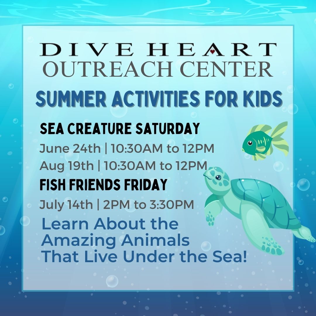 Discover the incredible world of sea creatures that reside beneath the waves! Email tinamarie.hernandez@diveheart.org to sign up. 
#downersgroveillinois #chicagosuburbs #activitiesforkids #summerfun #seaturtles #sharks #dolphins #marineanimals