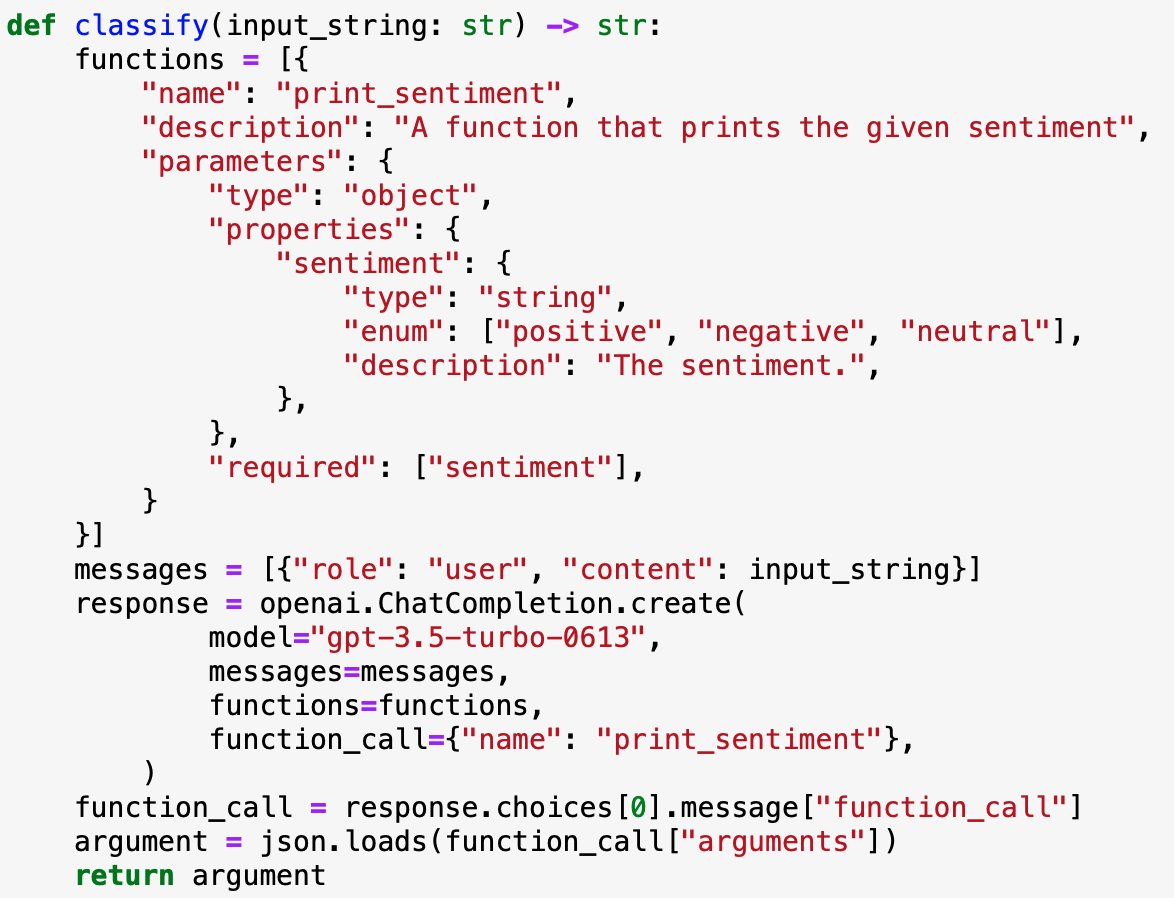 _ScottCondron's tweet photo. Building a classifier in 2023

Use @OpenAI's new function calling API to define the possible outputs and then use the "input" argument it returns as the classification https://t.co/Yy95lR1zgB