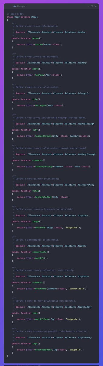 🔥 Calling all Laravel developers! 🔥

Which Eloquent relationship is your go-to in Laravel projects? 🤔

1️⃣ hasOne
2️⃣ hasMany
3️⃣ belongsTo
4️⃣ hasOneThrough
5️⃣ hasManyThrough
6️⃣ belongsToMany
7️⃣ morphOne
8️⃣ morphTo
9️⃣ morphMany
🔟 morphToMany
1️⃣1️⃣ morphedByMany

#Laravel #php 🩷