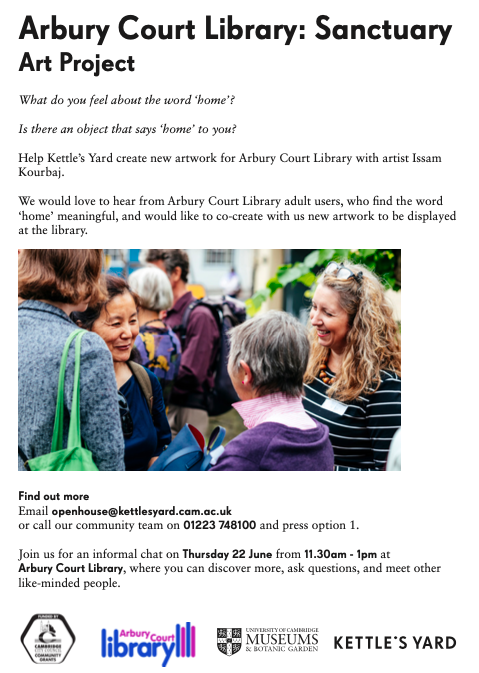 OpenHouseCam's tweet photo. Do you visit Arbury Court @cambslib? Help create a new art work with artist Issam Kourbaj and @kettlesyard. Stop by Arbury Court Library on Thurs 22 June 11.30am - 1pm to chat with us &amp; find out more or email openhouse@kettlesyard.cam.ac.uk ❤️📸🎙️🏠 https://t.co/Fy6jZo5k7y