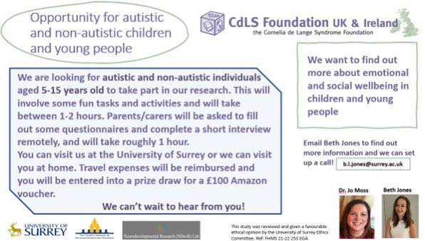Looking for autistic and non-autistic children and young people to take part in a <a href="/UniOfSurrey/">University of Surrey</a> research project focused on emotional and social wellbeing. 

Email Beth at b.l.jones@surrey.ac.uk to find out more information about taking part 
<a href="/JoannaFMoss/">Jo Moss</a> <a href="/DrKrellis/">Kat Ellis</a>