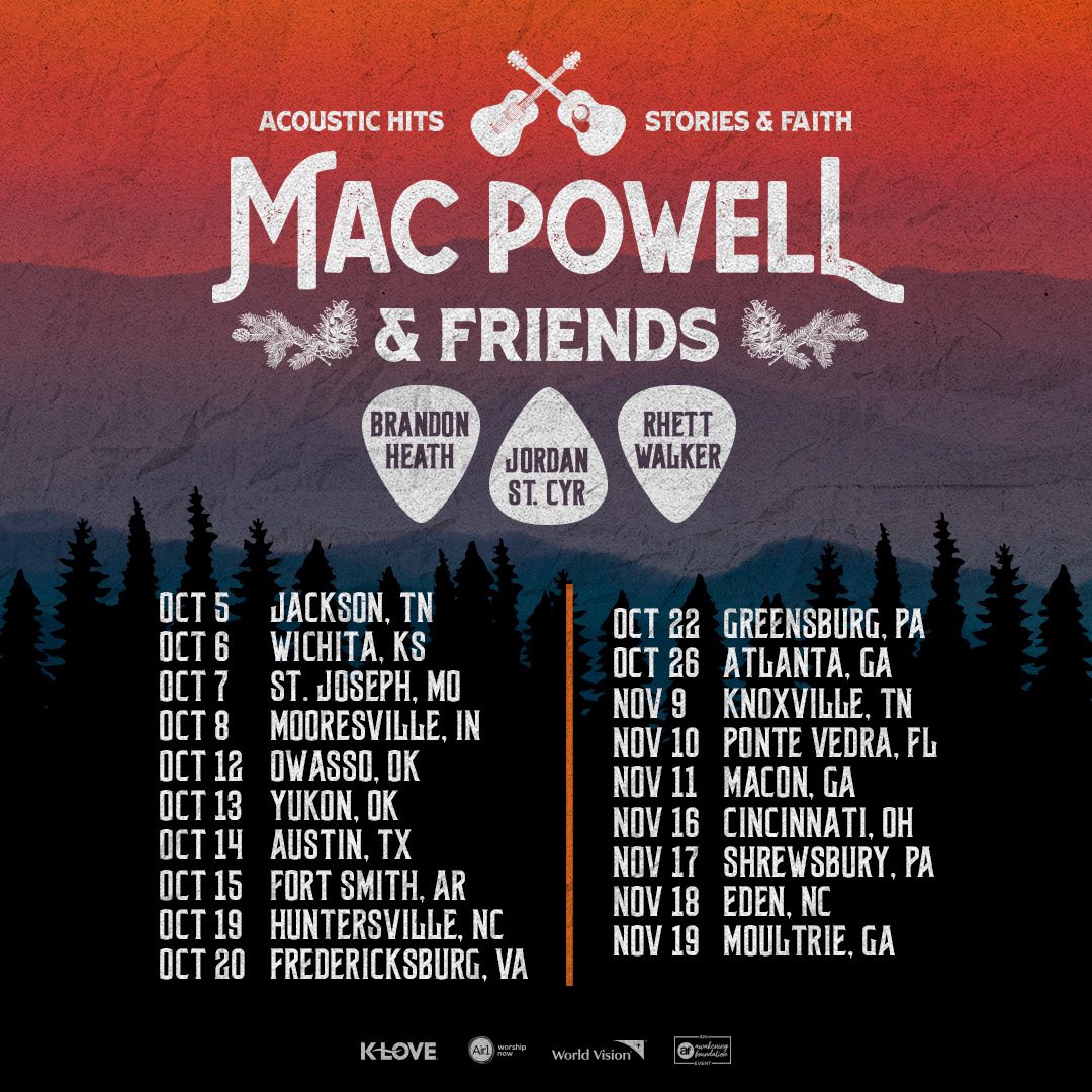 macpowell's tweet photo. Last year was so much fun on the Mac Powell &amp; Friends tour so we decided to do another this fall with my friends @brandonheath, @jordanstcyr, &amp; @rhettwalker! Tickets on sale Friday 6/23 at 12pm ET! 
 
Get 20% off tickets 6/23-7/7 when you use code: INSIDER https://t.co/06Yv28TMfe https://t.co/NV2Wik8w8z