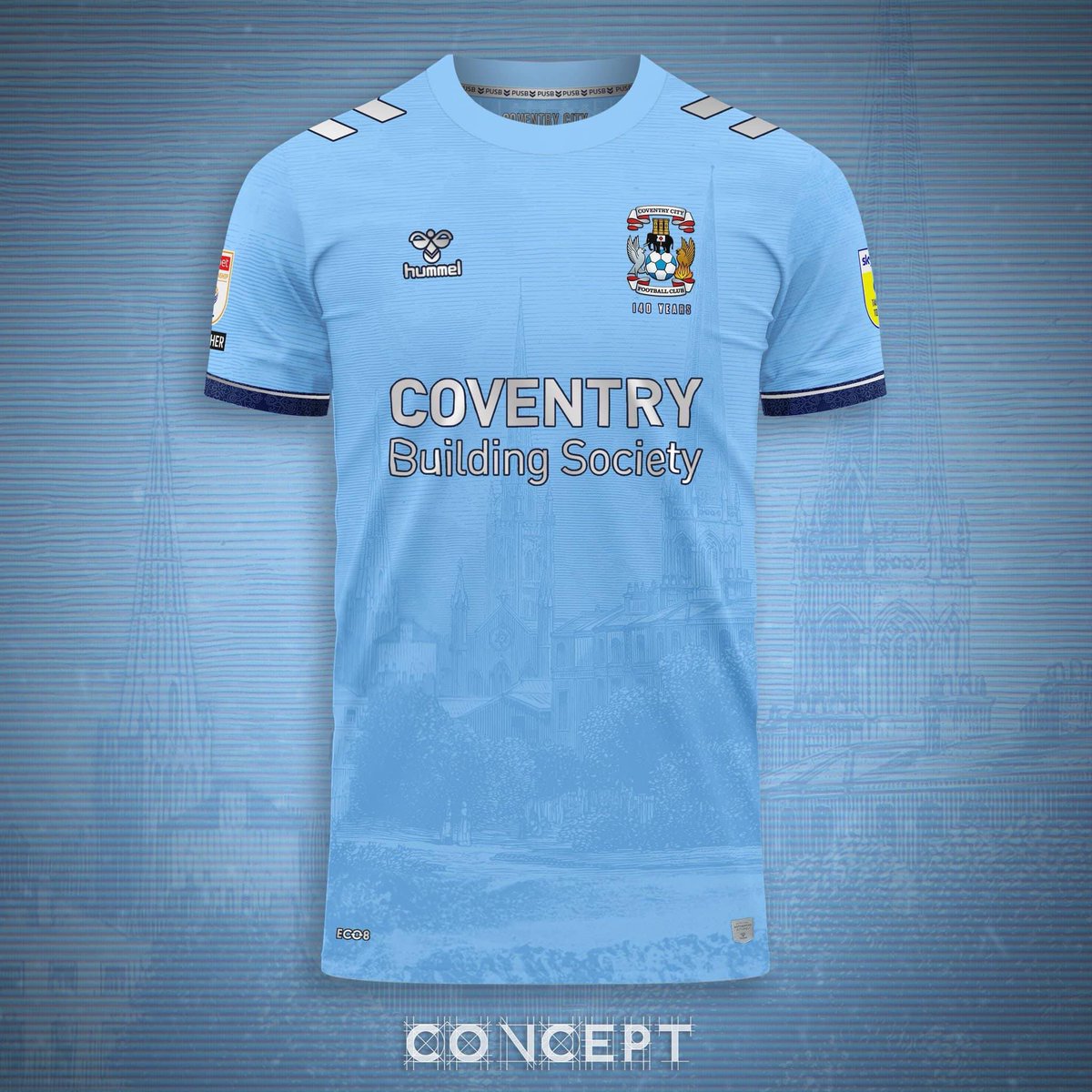 sbatvcoventry's tweet photo. Loving this concept shirt, what you think guys. Love the cathedral showing in the background? #PUSB #SBATV 🤩😍 @Coventry_City https://t.co/gOfcTthBM6