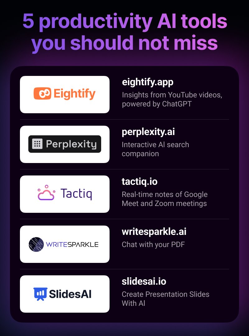 Tested 100s of Productivity AI services 🤖, here are the memorable &amp; worthwhile ones! 🌟👍

1. eightify.app — Insights from YouTube videos in 10 seconds, powered by ChatGPT
2. perplexity.ai — Interactive AI search companion
3. tactiq.io —