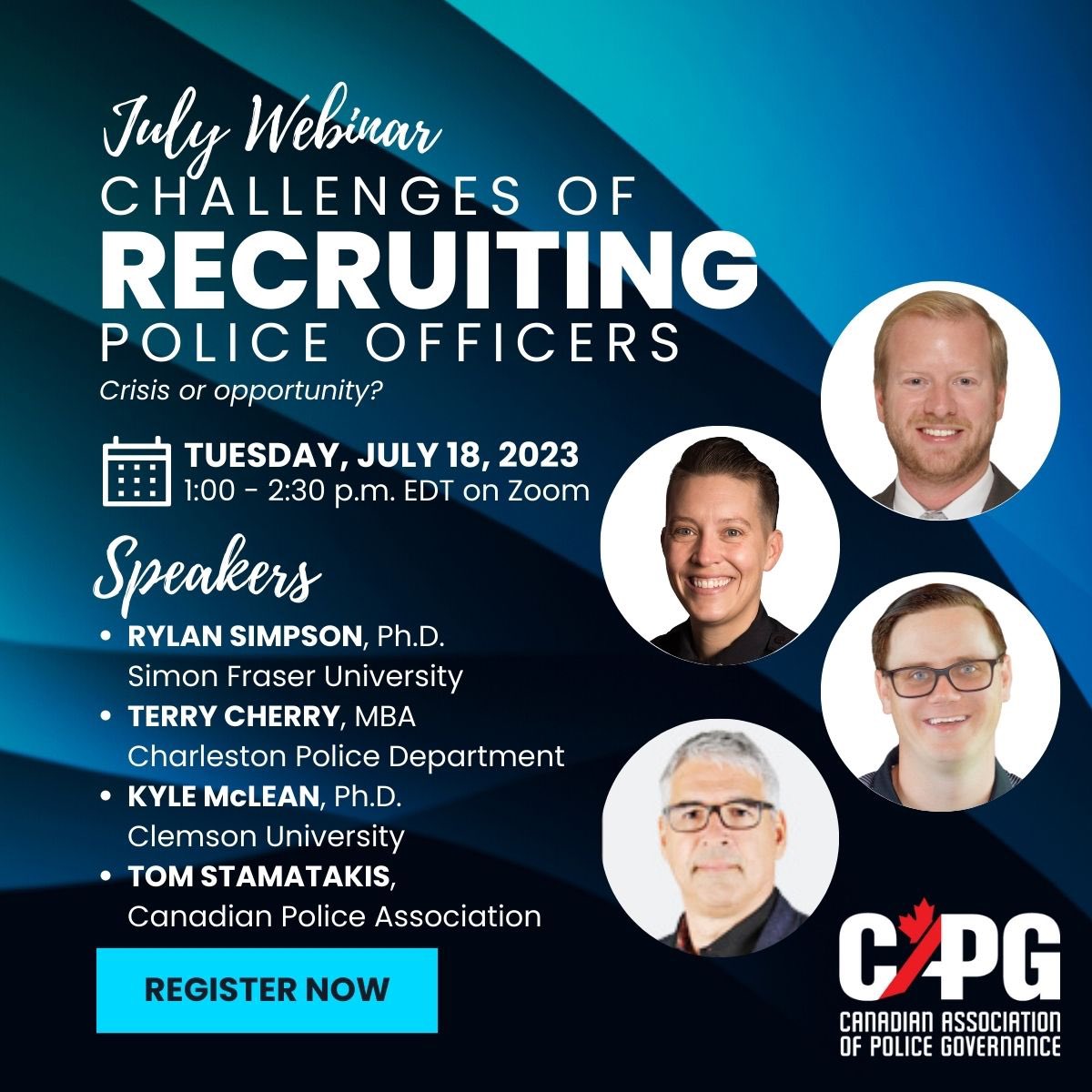CAPG_ACGP's tweet photo. Attend our upcoming #webinar:

CHALLENGES OF #RECRUITING POLICE OFFICERS – Crisis or opportunity?
 Public perceptions ranging from overpaid traffic wavers to under-valued social workers. Why would anyone want to become a police officer today?

Register:

https://t.co/ItWeFuRYXi https://t.co/ffYRzDdHwB