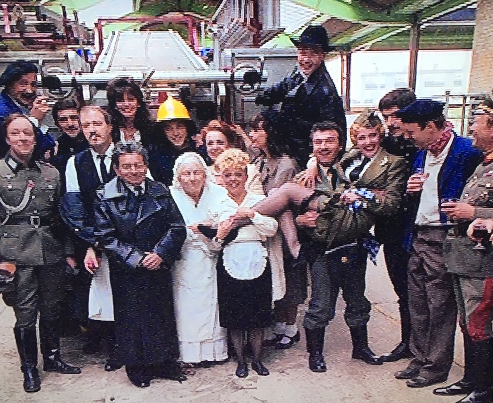 35 years ago this week: A fire alarm goes off at BBC Elstree and the cast and crew of 'Allo 'Allo! (working on the tail end of series 5) and Doctor Who ('The Greatest Show In The Galaxy') proceed to the fire drill assembly point, where someone thankfully had a camera to hand.