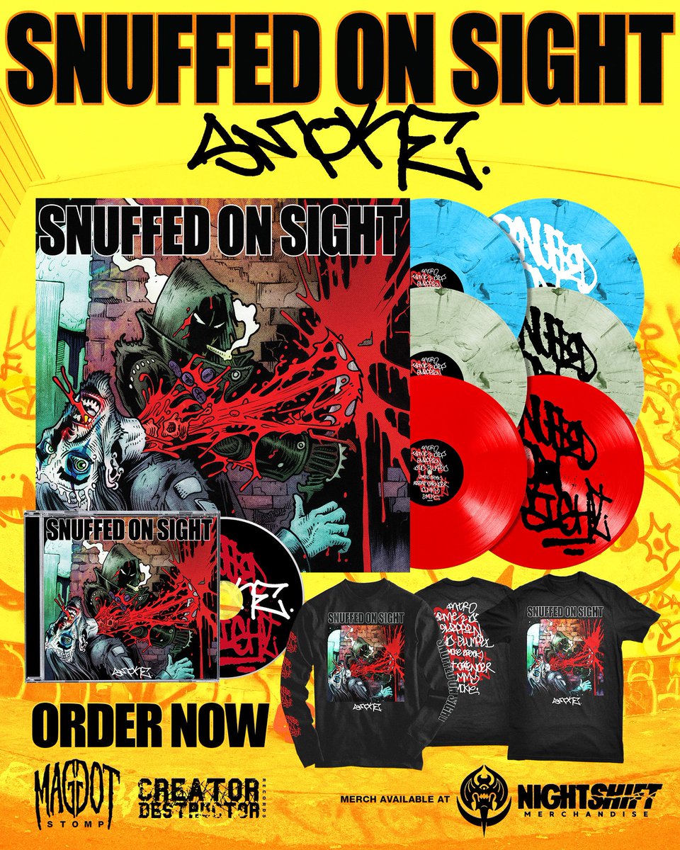 Creator-Destructor (@cd_records) on Twitter photo The day has arrived! Preorders for <a href="/SnuffedOnSight/">Snuffed On Sight</a>’s “Smoke” have launched! Grab yourself an LP/CD from <a href="/maggotstomp/">maggotstomp</a> /Creator-Destructor, tapes from Barbaric Brutality, and merch from <a href="/nightshiftmerch/">Night Shift Merch</a>. Don’t sleep, new single dropping soon! The day has arrived! Preorders for <a href="/SnuffedOnSight/">Snuffed On Sight</a>’s “Smoke” have launched! Grab yourself an LP/CD from <a href="/maggotstomp/">maggotstomp</a> /Creator-Destructor, tapes from Barbaric Brutality, and merch from <a href="/nightshiftmerch/">Night Shift Merch</a>. Don’t sleep, new single dropping soon!