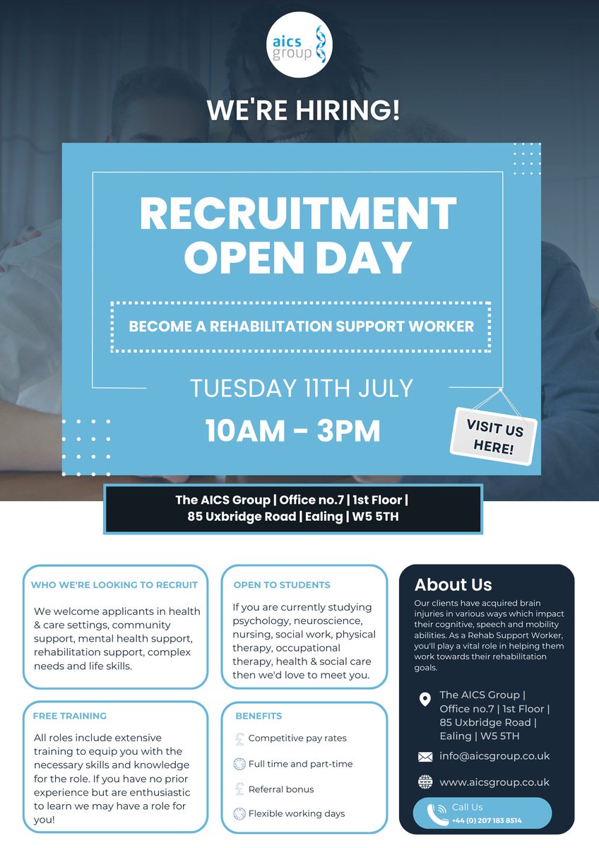 Interested in becoming a brain injury rehabilitation support worker? 

On the 11th of July we're welcoming YOU to The AICS Group so you can find out what life as a rehabilitation support worker is like. 

#supportworker #hiring #londonjobs #rehabilitationsupport #rehabilitation