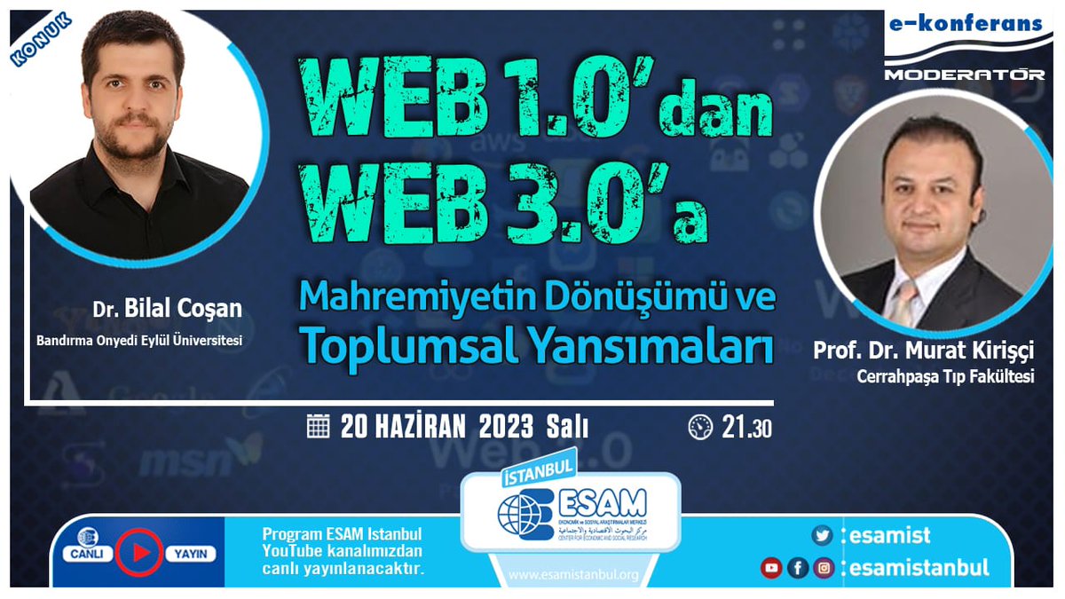 E-Konferanslar serimizde bu hafta, Dr. Ö. Üyesi @BilalCosan ile Dijital Mahremiyet konusunu ele alıyoruz. Web 1.0'dan Web 3.0'a Mahremiyetin Dönüşümü ve Toplumsal Yansımalarının konuşulacağı program, YARIN 21:30'DA kanalımızdan #CANLI​ yayınlanacaktır. youtube.com/live/y3_l1PKqf…