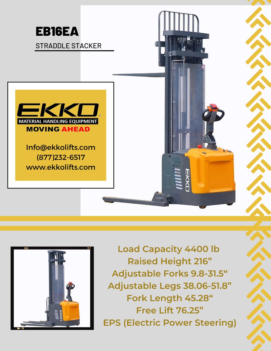 EKKOlifts's tweet image. The EB16EA straddle stacker is a strong fully electric straddle stacker with an impressive 4400 lbs capacity and 216&quot; lift height!
In stock now!
Info@ekkolift.com
(877)232-6517
ekkolifts.com
#ekko #ekkolifts #straddlestacker #liftequipment #materialhandlingequipment