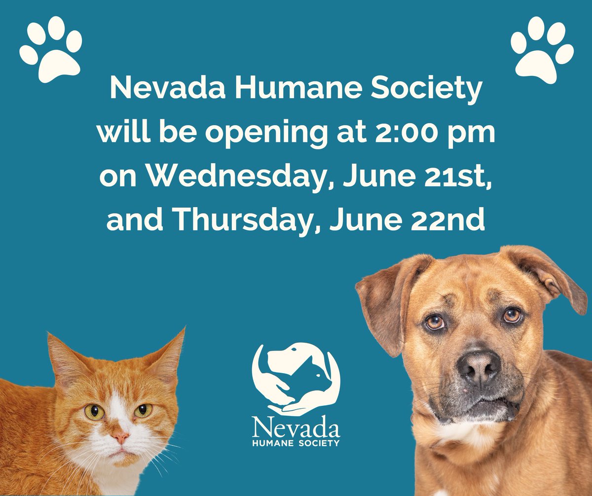 We're opening at 2:00 pm on Wednesday, June 21st, and Thursday, June 22nd, at our Reno Shelter for an all-staff training.

Thanks for your patience and we hope to see you in the afternoon on those days!