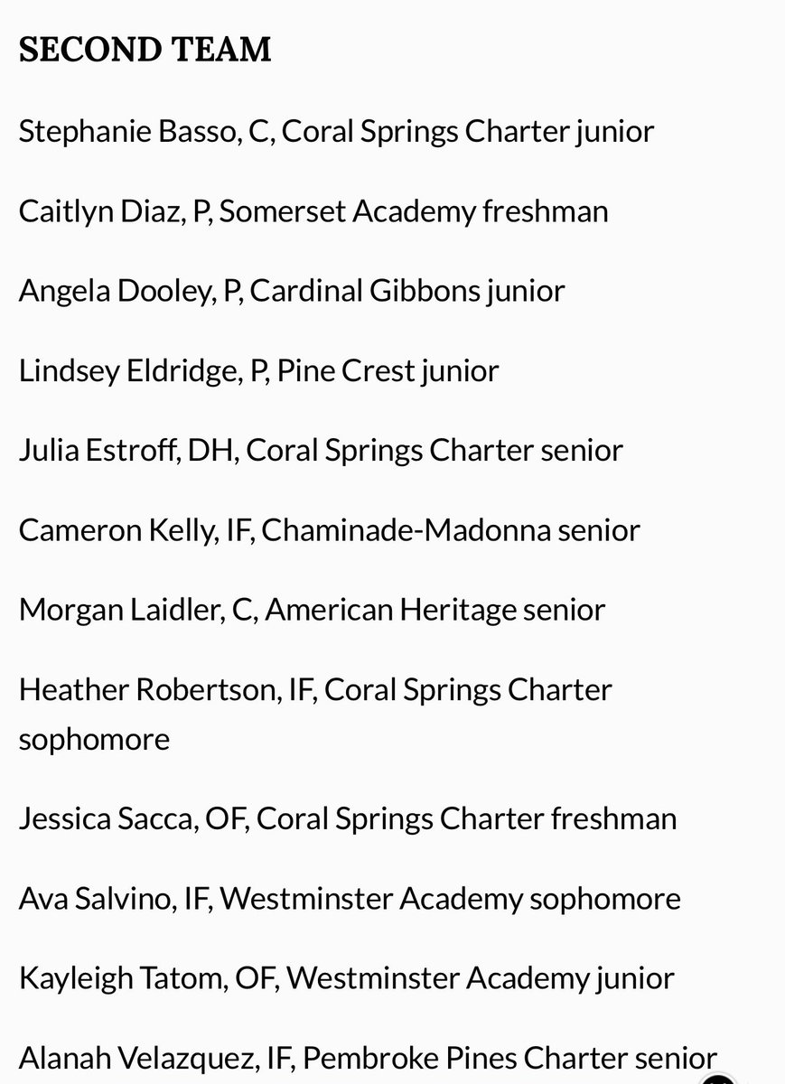 Caitlyn Diaz (@caitlyndiaz2026) on Twitter photo Thank you <a href="/SunSentinel/">South Florida Sun Sentinel</a> for selecting me to All-Broward Softball 2nd Team. Grateful to <a href="/CoachAmandaEL/">Amanda Lopez</a> and my Somerset teammates for their support!
<a href="/SAPAthletics/">Somerset Academy athletics</a> @StingraysGold <a href="/MiamiSoftball/">Miami Stingrays Softball</a> @Los_Stuff <a href="/ExtraInningSB/">EXTRA INNING SOFTBALL</a> <a href="/LegacyLegendsS1/">Legacy & Legends Softball</a> Thank you <a href="/SunSentinel/">South Florida Sun Sentinel</a> for selecting me to All-Broward Softball 2nd Team. Grateful to <a href="/CoachAmandaEL/">Amanda Lopez</a> and my Somerset teammates for their support!
<a href="/SAPAthletics/">Somerset Academy athletics</a> @StingraysGold <a href="/MiamiSoftball/">Miami Stingrays Softball</a> @Los_Stuff <a href="/ExtraInningSB/">EXTRA INNING SOFTBALL</a> <a href="/LegacyLegendsS1/">Legacy & Legends Softball</a>