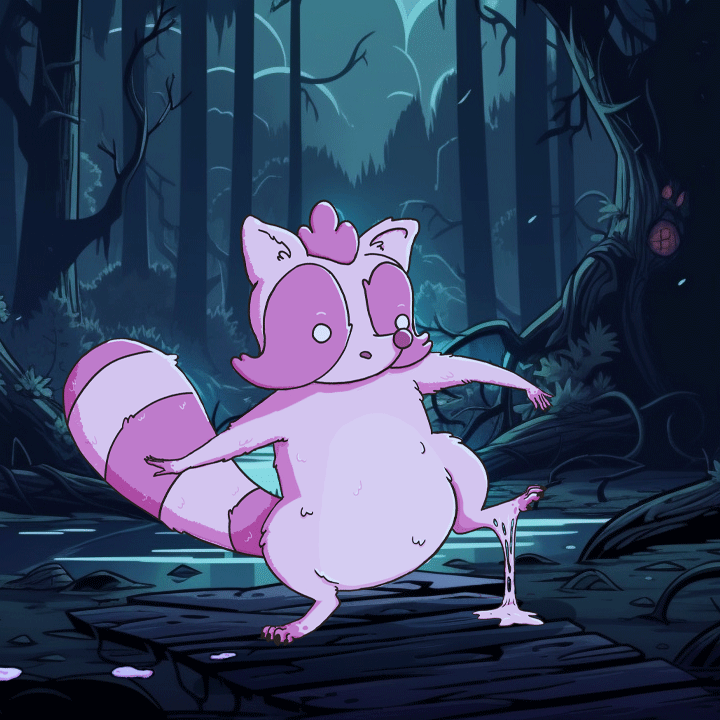 What is this racc0on made of!?  

It’s sticky!  Gum?  
Slime?  
Goo?  

No idea. I’m not touching this pink, glowing stranger! What do you think is going on here?