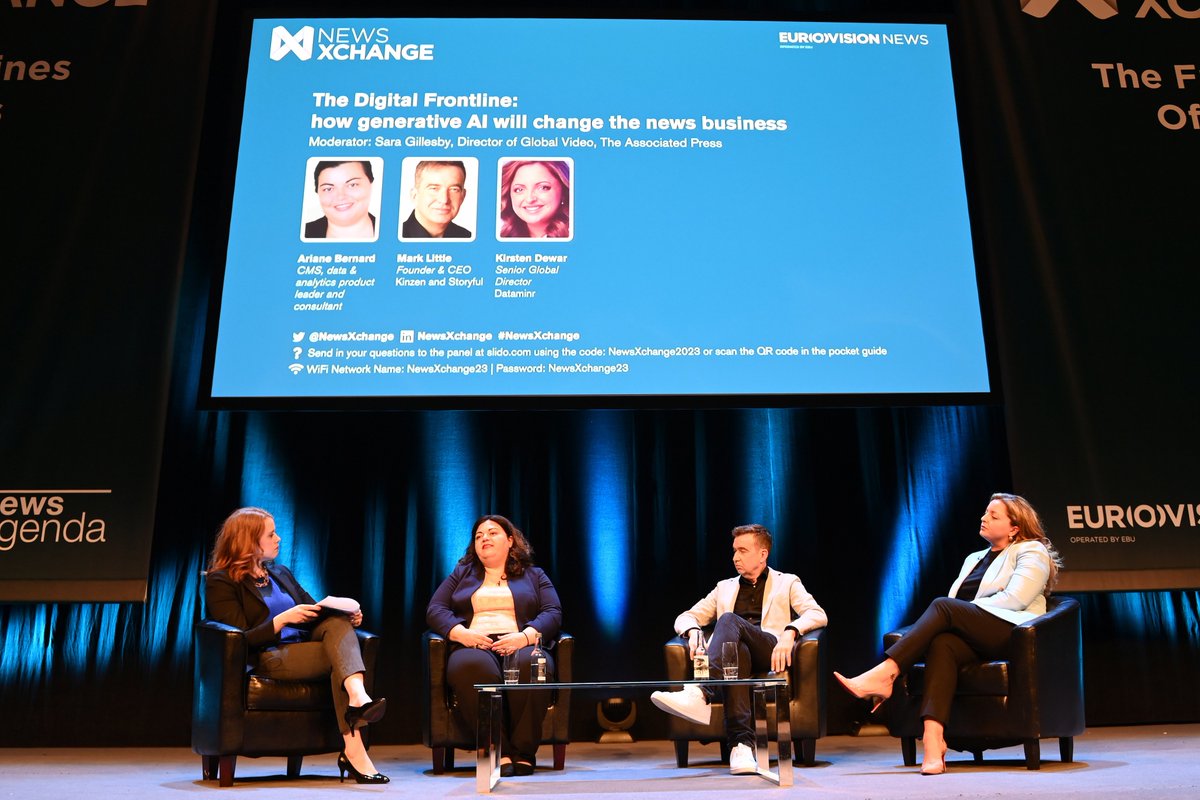 NewsXchange's tweet image. Discussing how generative #AI will change the news business at #NewsXchange in Dublin today, Mark Little,
Founder &amp;amp; CEO of @Kinzen &amp;amp; @Storyful said journalists should focus less on &quot;moral panic&quot; over the technology and instead look at how it could be used to assist with tasks.