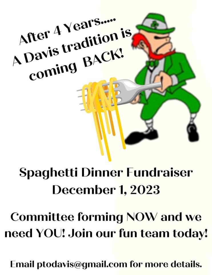 Davis Middle School (@dmsirish) on Twitter photo The Davis Spaghetti Dinner was a beloved tradition for many, many years! Davis PTO is bringing it back after 4 years and we need your help to make this a Davis family event!
Text Sarah Smith at 216-650-7368 or email ptodavis@gmail.com. The Davis Spaghetti Dinner was a beloved tradition for many, many years! Davis PTO is bringing it back after 4 years and we need your help to make this a Davis family event!
Text Sarah Smith at 216-650-7368 or email ptodavis@gmail.com.