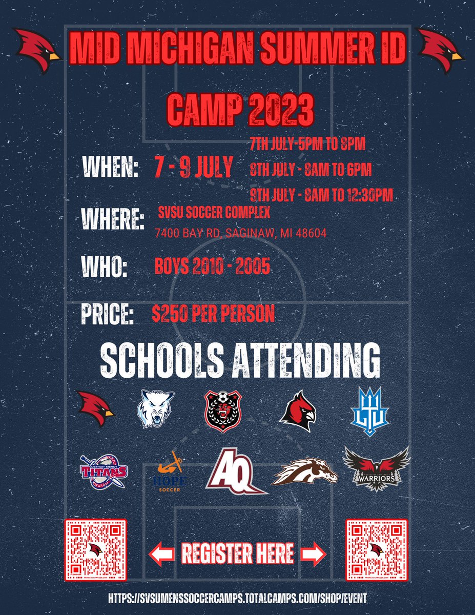 SVSUsoccer's tweet photo. Mid Michigan Soccer ID Camp! Sign up with QR code or link in the bio!

Schools attending so far: Western Michigan, Lawrence Tech, Concordia, Hope College, Detroit Mercy, Davenport, Northwood, SVSU, Aquinas and Rochester! Lets go! https://t.co/O7khiNMmqN