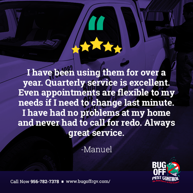 BugOffRGV's tweet image. We're thrilled to hear that our quarterly service has been meeting your needs and that our team has been able to accommodate any scheduling changes. We appreciate your continued business and look forward to serving you for years to come.