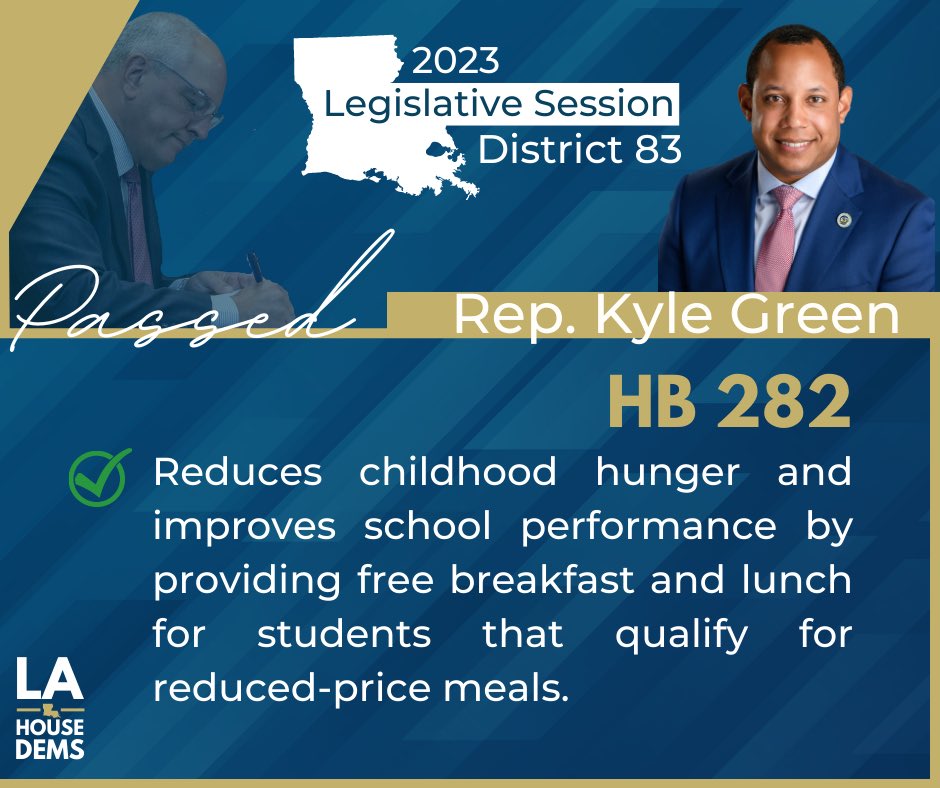 HB 282 by <a href="/RepKyleGreen/">Rep. Kyle Green</a> will help reduce childhood hunger and improve educational outcomes by ensuring all K-12 students that qualify for reduced-priced lunch receive a free, nutritious breakfast and lunch. #LaLege #LaGov