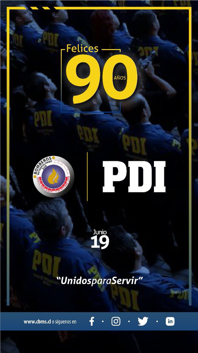 Bomberos_MetSur's tweet photo. Hoy saludamos a @PDI_CHILE en su 90° aniversario.
#SuperintendenteCBMS #ComandanteCBMS y todos los integrantes de la institución agradecemos y valoramos el trabajo investigativo que realizan diariamente y junto a nuestro personal especializado👨🏽🚒 🚒🚔 #90añosPDI
#unidosparaservir https://t.co/Tp2fiIL63p