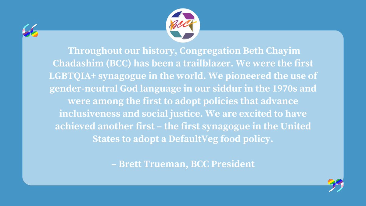 Proud to have <a href="/BCC1972/">Beth Chayim Chadashim</a> as a #DefaultVeg partner! 

Together, we can create positive change, one plate at a time. 🍽️

Learn more about creating a DefaultVeg food policy for your Jewish community:
jifanimals.org/what-we-do/foo…