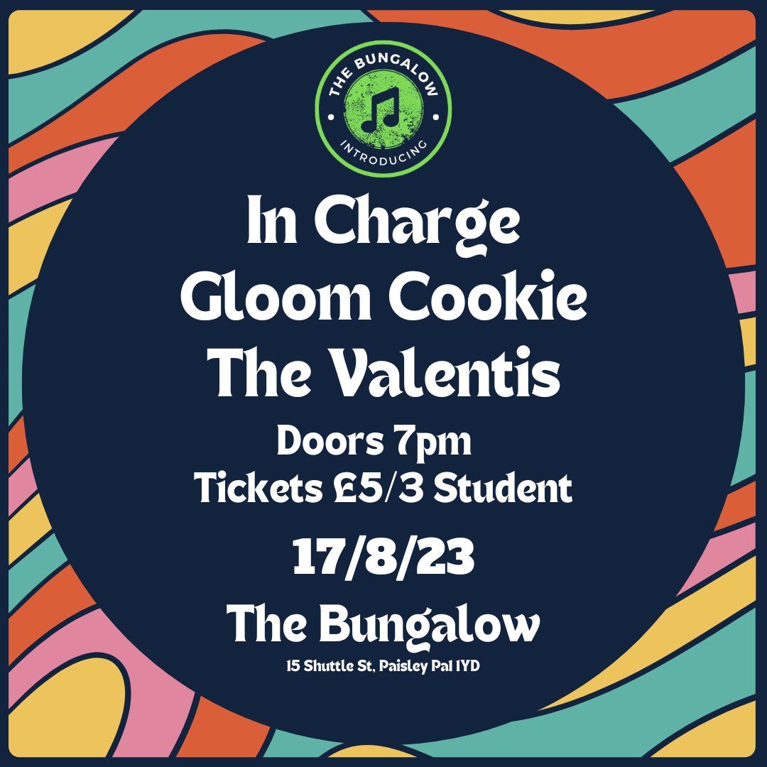 Our next gig will be <a href="/BungalowPaisley/">The Bungalow</a> on 17th August alongside <a href="/Gloom/">ERR</a> Cookie &amp; The Valentis. Tickets are £5 (students £3) so get em quick! Links are below or in our bio.

Tickets: eventbrite.co.uk/e/the-bungalow…

FB event: fb.me/e/4pDA2j16z

#livemusic #glasgow #inchargeband