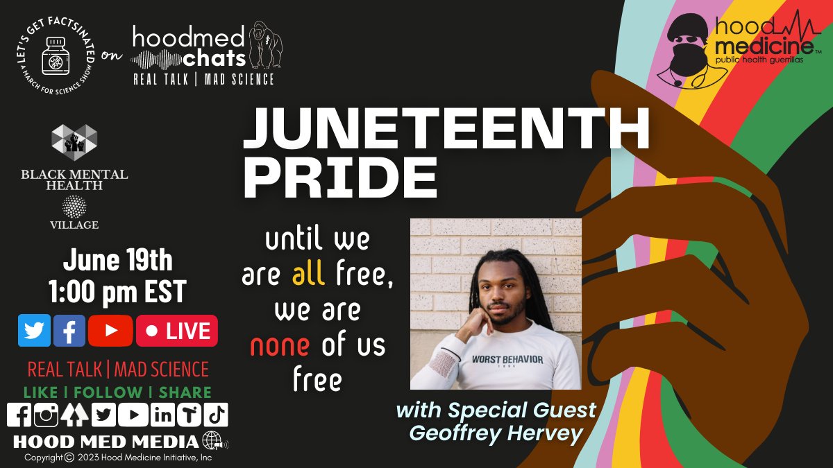 hood_medicine's tweet photo. We're live soon chatting #Juneteenth & #Pride on #HoodMedChats. Geoffrey Hervey from
@BMHVillage will be w/ us to talk collective liberation & #LGBTQ allies in our communities.
🗓️6.19 1 pm EST
🖥️@YouTube, FB, & @Twitter
Hosted w/ @MarchForScience⚛️
#RealTalkMadScience🗣️🔬 https://t.co/SYEYrogMjT