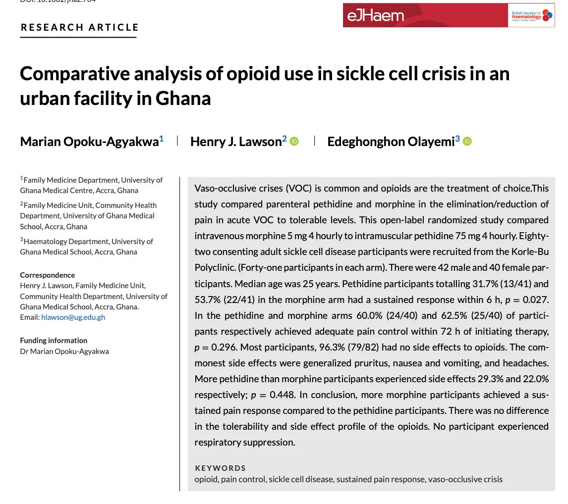 Comparative analysis of opioid use in sickle cell crisis in an urban facility in Ghana 
buff.ly/42BOEGF 
@WileyOnc_Hem #SickleCellAwarenessDay #SickleCellDisease #SickleCellAnemia #June19 #SCD #SCA