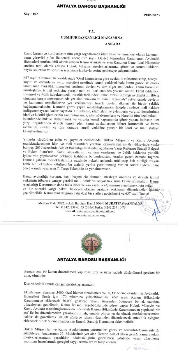 kamuavplatform's tweet photo. Kamu Avukatlarının mali ve özlük haklarının düzeltilmesine ilişkin taleplerini Cumhurbaşkanlığı ve Adalet Bakanlığına ileten Antalya Barosuna tüm Kamu Avukatları adına teşekkür ederiz.
@antalyabarosu @HuseyinGecilmez
@RTErdogan @yilmaztunc @mehmetucum @barolar https://t.co/PHu3oOBset