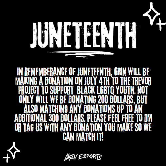 GRIN is a charity org first and foremost, so we wanted to do something special this week! Please feel free to DM or tag us with any donation you make so we can match it! Proof of our donation for our first 200 will be posted on this Friday 💜. <a href="/TrevorProject/">The Trevor Project</a> #LGBTQ #juneteenth