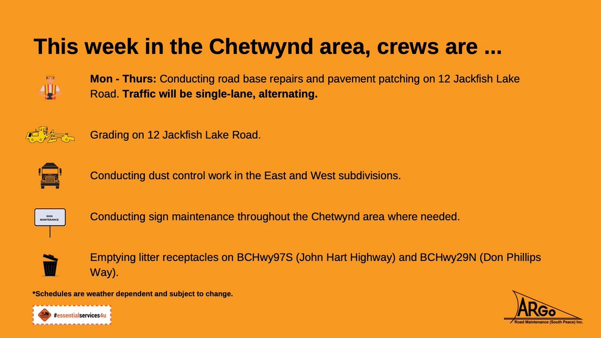 This week in the #Chetwynd area, crews will be grading, pavement patching, emptying litter receptacles, & conducting road base repairs, dust control work, & sign maintenance.

Please slow down, give crews room to work, & obey traffic control directions + personnel. #ConeZoneBC