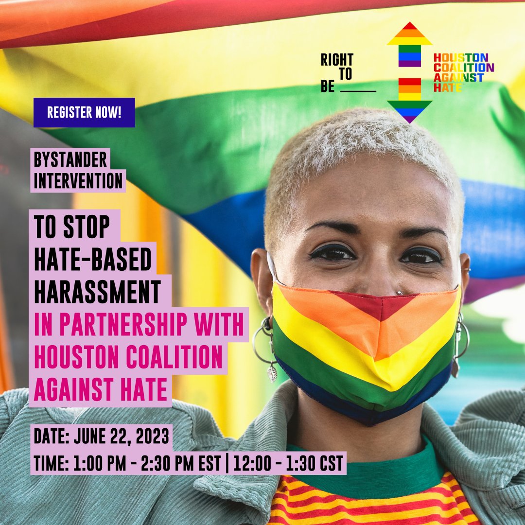 Happy #Juneteenth! Practice your power as a bystander and join our virtual workshop with Houston Coalition Against Hate to learn effective intervention strategies. Discover the 5Ds of bystander intervention, prioritize safety, and combat hate-based harassment. Be the change!