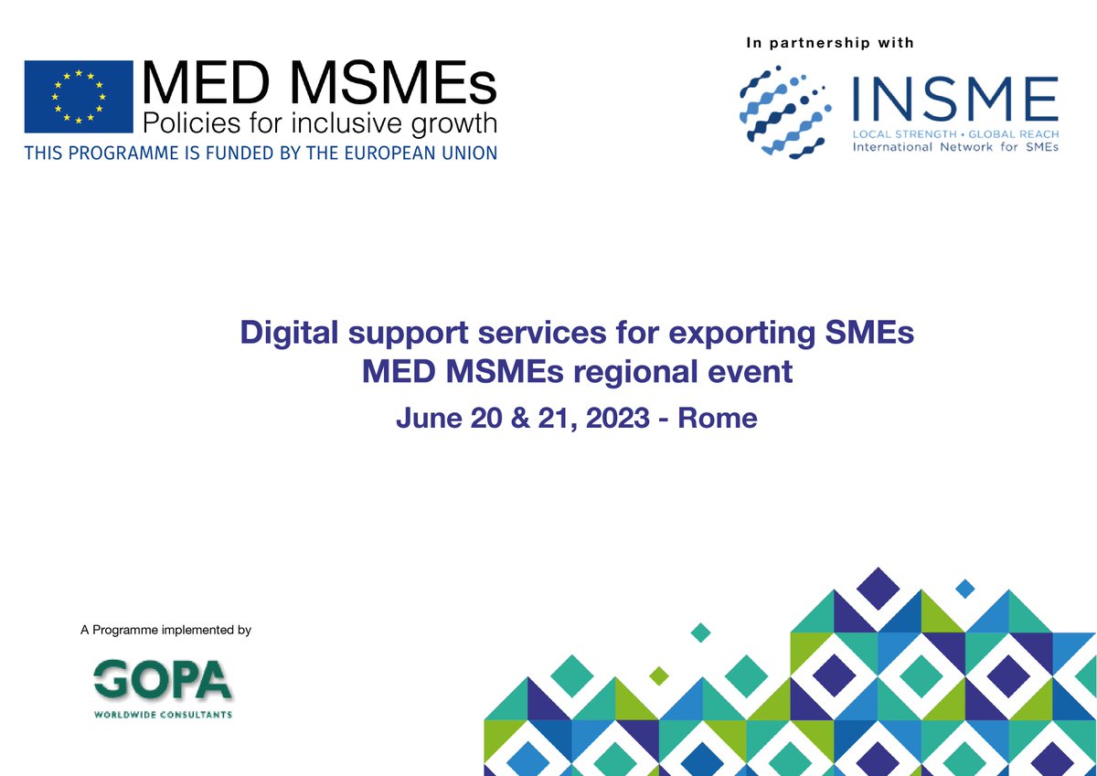 📅🌟 It's happening TOMORROW! 🌟📅

🔜 Join us for the regional event organized by the <a href="/MED_MSMES/">MED MSMEs Programme 🇪🇺</a> Programme in partnership with <a href="/INSME_/">INSME Association</a>  ! 

📲 Register now by following the links below:
Day 1: bit.ly/3oTdcfL
Day 2: bit.ly/3CpnmYr
#Networking #BusinessEvent