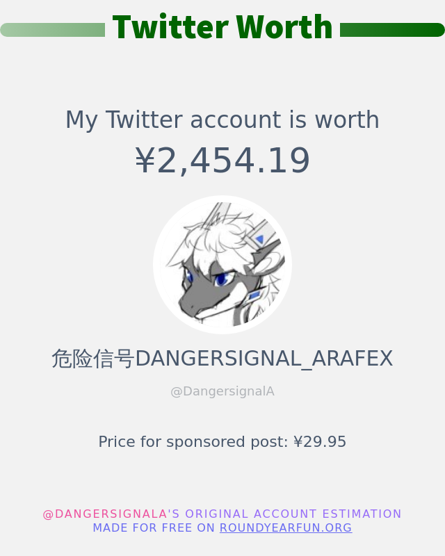 DangersignalA's tweet photo. 我的推特价值是: ¥2,454.19

➡️ https://t.co/3h3snEZX8l https://t.co/v7wpDzJdAf