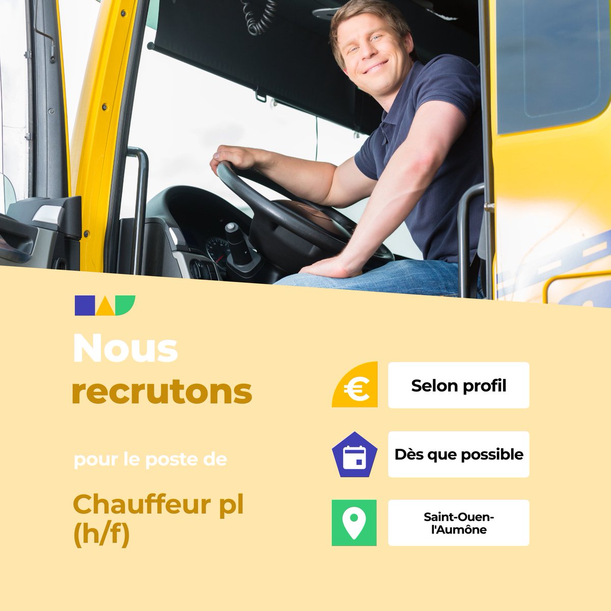 🛎️ Nouvelle offre d'emploi : Chauffeur pl (h/f)
🌎 Saint-Ouen-l'Aumône (95310)
📅 Démarrage dans les 7 prochains jours
👉 Plus d'infos : jobs.iziwork.com/fr/offre-emplo…
#recrutement #intérim #emploi #OffreEmploi #job #iziwork