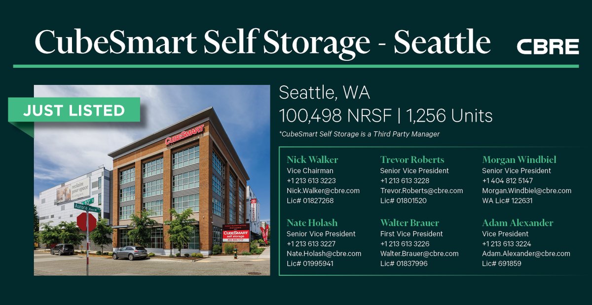 Just Listed | CubeSmart Self Storage - Seattle
 For more info:  selfstorageadvisory.com/properties/cub…
 #JustListed #CBRE #SelfStorage #InvestmentProperties #CapitalMarkets #CBRESelfStorage