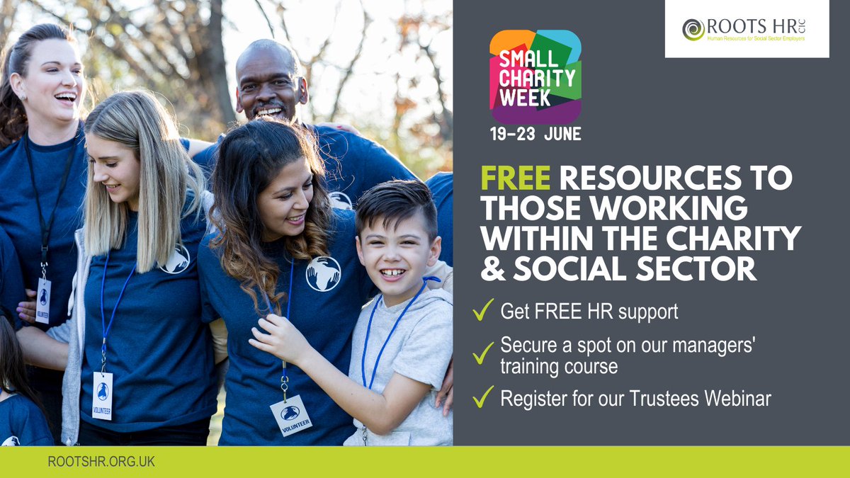 This week we're celebrating #SmallCharityWeek by offering a range of FREE resources to those working within the #charity & #socialsector🤩

🌟 Get FREE HR support
🌟 Secure a spot on our managers training course
🌟 Register for our Trustees Webinar
rootshr.org.uk/probono2023