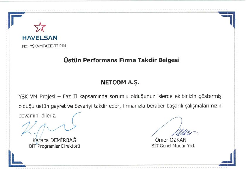 Yüksek Seçim Kurulu Veri Merkezi Projesi kapsamında duyulan memnuniyet ve gösterilen üstün başarı üzerine, firmamıza HAVELSAN tarafından “Üstün Performans Firma Takdir Belgesi” verilmiştir. Emeği geçen tüm ekibimizi yürekten kutluyoruz.