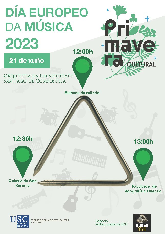 CulturaUSC's tweet photo. 🎶 Intervencións musicais da Orquestra da @UniversidadeUSC co gallo do Día Europeo da Música
📆 Mércores 21 de xuño
📍 Balcóns da reitoría, Colexio de San Xerome e Facultade de Xeografía e Historia
➕ Info: https://t.co/CfnNCkMZIw
@orquestraUSC https://t.co/Vir1BBKHPd
