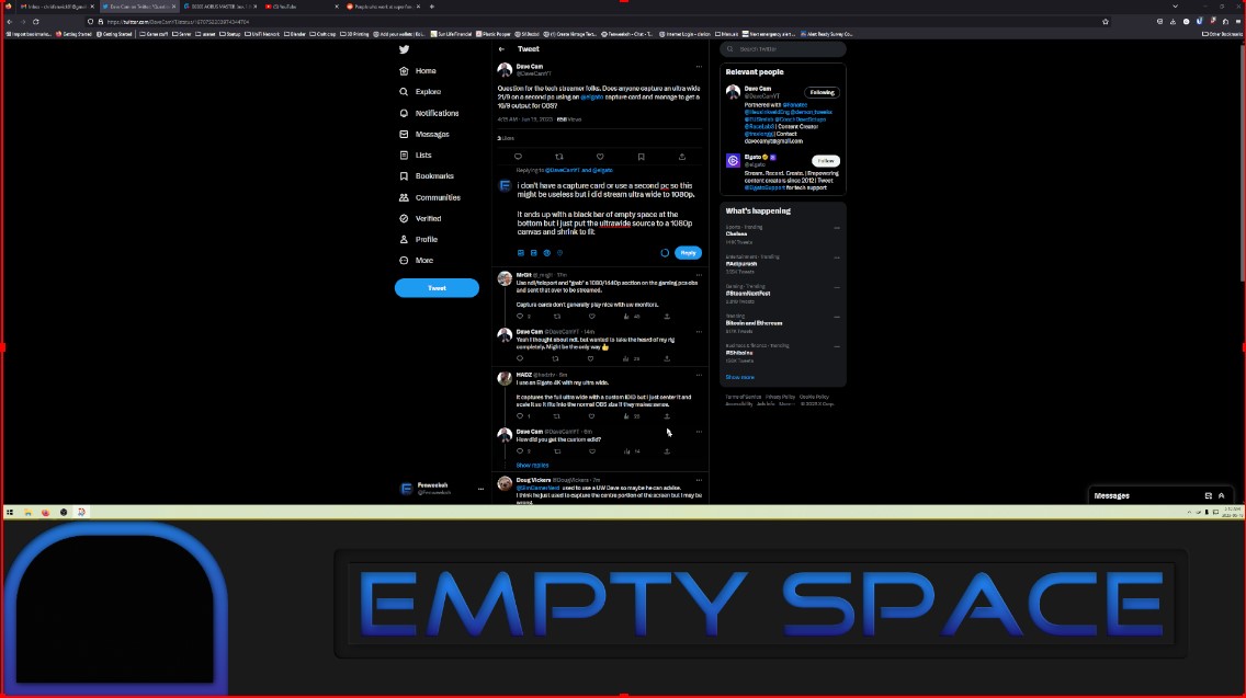 Fenweekoh's tweet photo. @DaveCamYT @elgato i don't have a capture card or use a second pc so this might be useless but i did stream ultra wide to 1080p.

it ends up with a black bar of empty space at the bottom but i just put the ultrawide source to a 1080p canvas and shrink to fit. looks like https://t.co/bjM7kmFh7f